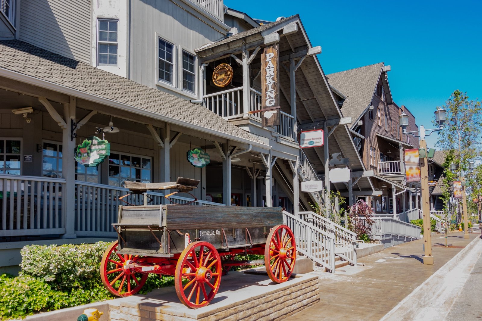Downtown Main Street has shops and buildings with Old California style architecture in the wine country of Old Town Temecula located in Southern California north of  San Diego in Riverside County.